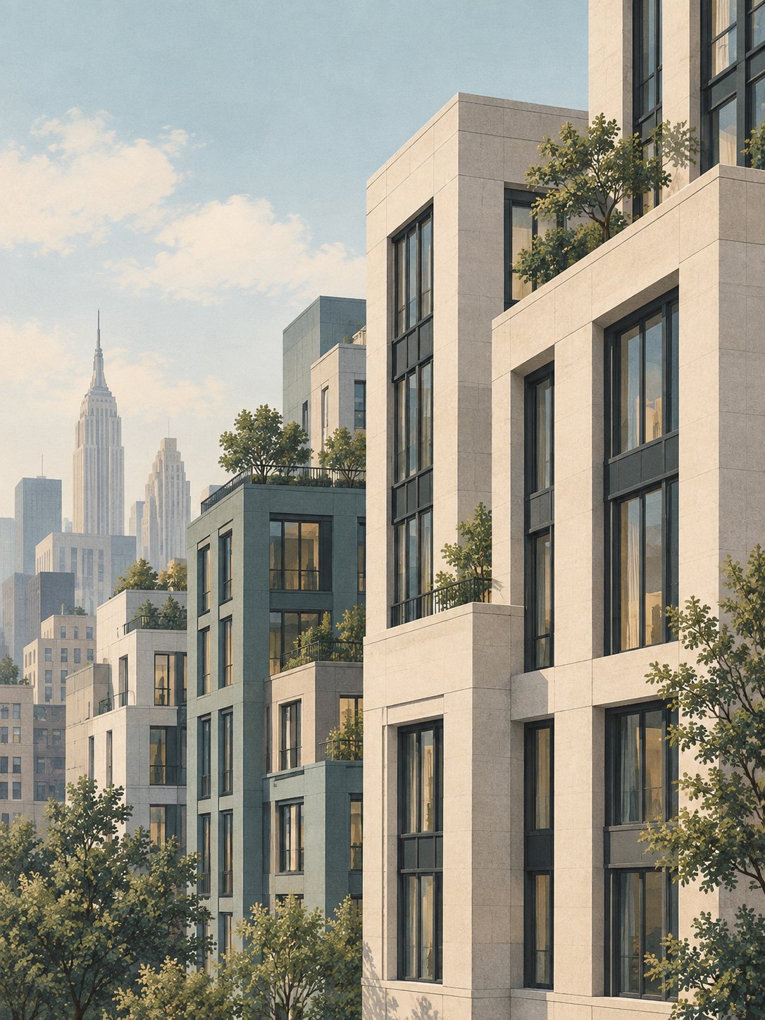 Concept illustration of urban residential architecture in limestone and muted teal